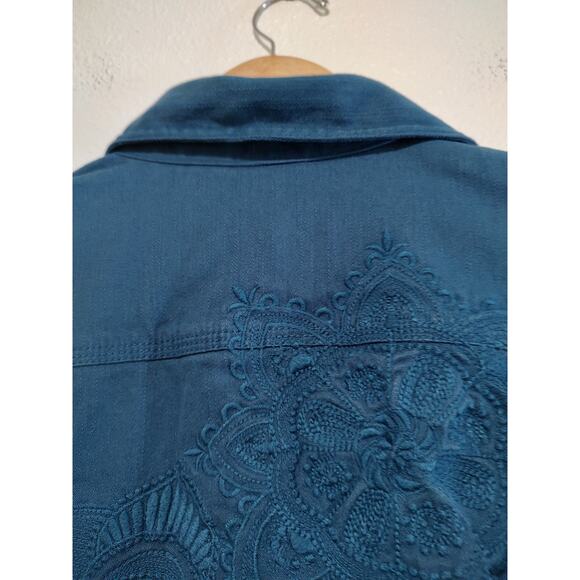 Chicos Size 2 Turquoise Blue Embroidered Long Sleeve Button Front Denim Jacket - Picture 3 of 12